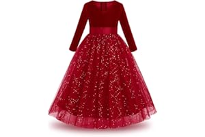 IBAKOM Enfants Filles Robe Velours Manches Longues Robe Col V Paillette Tulle Festival Noël Fête Anniversaire Communion Pageant Bal Tutu Formel Robes Longues