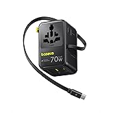 Baseus Enercore Evrensel Priz Adapt&ouml;r&uuml; 70W Geri &Ccedil;ekilebilir Kablolu, 2 AC Prizi + 2USB-A + 1USB-C ile Uluslararası Seyahat Şa