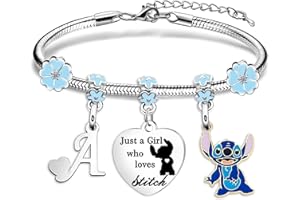 TENVAVA Stitch Gifts for Her Just A Girl Who Loves Stitch Silver Pendant Bracelet with Initial Letter for Women Girls Birthday Christmas Stitch Jewellery Stuff Gifts for Stitch Lover Stitch Fans