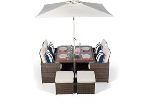 Giardino Rattan Cube Dining Set | Square 4 Seater Brown Rattan Dining Set | Outdoor Poly Rattan Garden Table & Chairs Set | Patio Conservatory Wicker Garden Dining Furniture with Parasol & Cover