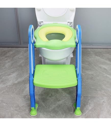 Siège De Toilette Enfant Avec Échelle Et Marches - Réducteur Pliable Réglable Bleu-Vert Pour 1 à 7 Ans