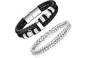 XUANPAI Armband Herren Valentinstag Jahrestag Lederarmband Edelstahl - Herrenarmbänder Männer Geschenke für Bruder Freund Ehemann Herren Armband Silber/Schwarz Armbänder für Herren Jungs 2er