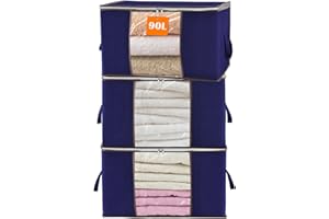 OWELTH Cajas Almacenaje Ropa 3 Piezas, 90L Bolsa de Almacenamiento de Ropa con Mango Reforzado, Organizador de Canape Transpirable con Cremallera Robusta Bolsas para Guardar Ropa, Edredones, Mantas