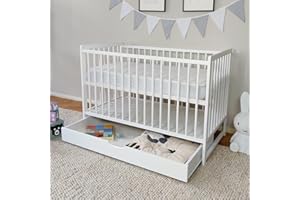 Kids Collective Lettino per neonati 60x120 con sponde Lettino che cresce con il bambino rete a doghe regolabile in altezza con sponde rimovibili & cassetto bianco Legno massello di pino