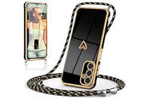 Togestar Handykette Hülle für Samsung Galaxy A14 5G/4G Handyhülle mit Band und Schutzfolie, Kameraschutz Herz Love Design 360 Grad Stoßfeste Schutzhülle Silikon TPU mit Kordel zum Umhängen, Schwarz