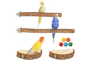 Reyshin 4 Stück Natur Sitzstangen Vögel, Wellensittich Sitzbrett Vogelspielplatz Knabberspielzeug Vogelzubehör mit 5 Rattenball für Nymphensittich Kanarienvogel Agaporniden (H02)