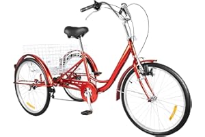 MINUS ONE Triciclo para Adultos Adulto Triciclo Bicicleta con 3 Ruedas Senior Wheel Cargo Bicicleta 24" 6-Speed Shifter con luz, Rojo