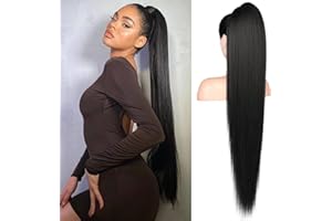 ‎FLUFYMOOZ Flufymooz Ponytail Extension Pferdeschwanzverlängerung, 91 cm langer gerader Pferdeschwanz mit Kordelzug, Lockiger Pferdeschwanz Synthetisches Haarteil für Damen(Natürliches Schwarz)
