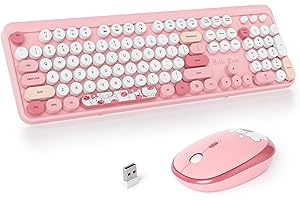 SOLIDEE Combo Tastiera e Mouse Wireless,tastiera macchina da scrivere retro,Tastiera per Computer con Tasti Rotondi 2.4GHz con Tastierino Numerico,Tastiera a 104 Tasti(Americana QWERTY)(Bear Pink)