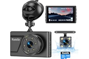 Dash Cam Front and Rear Car Camera 1080P with SD Card, Kussla 3”IPS Screen Dashcam for Car, Night Vision, 170° Wide Angle, WDR, G-Sensor, Loop Recording, Motion Detection, Parking Monitoring