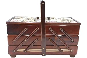 DEKOHELDEN24 Boîte à couture de qualité supérieure en bois plaqué avec 7 compartiments et housse en tissu - Motif roses - Marron - Dimensions (L x l x H) : 42 x 20 x 21 cm