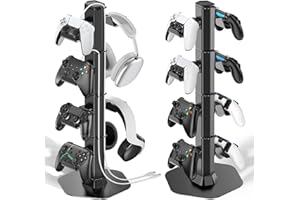 Kosker Supporto per Cuffie e Controller Scrivania a 4 Livelli, Supporto per Telecomando da Gioco con Organizer per Cavi, Universale Supporto per Cuffie e Porta Controller PS5 con 8 Ganci