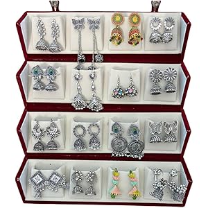Oxidised Silver Look Jhumka Earrings Box for Women | 16 Pairs Traditional Ethnic Jhumki Combo Gift Hamper with Velvet Box | Festive Wedding Jewellery | Gift For Women