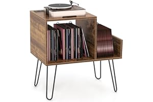 GOPLUS Soporte para Tocadiscos con Estación de Carga, Mueble para Tocadiscos con Separador Desmontable, Estante de Exhibición de Vinilos para Dormitorio, Sala de Estar, Oficina (Marrón)