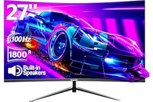 Gawfolk Curved Monitor 27 Zoll 100Hz, PC Bildschirm mit Lautsprecher 1080P, 1800R 75Hz Computerbildschirm mit Eye Care Techno