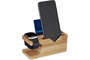Relaxdays Laddningsstation, för Apple Watch & iPhone, bambu, HxBxD: 6 x 14 x 6,5 cm, mobiltelefonstation och klockstativ, nat