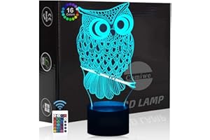 Comiwe Owl (A) 3D Illusion Night Light Toy, Decoration LED Bedside Lamp, 16 Colours Changing with Remote Control, Christmas Decoration Lamp, Birthday Gift for Girls, Boys, Children and Friends