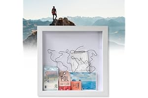 BTRONSN Adventure Archive Box,Travel Collection Box,Ticket Shadow Box,Adventure Archive Box Frame World Map,Travel Memory Box,Wood Frame Travel Tickets Box(White)
