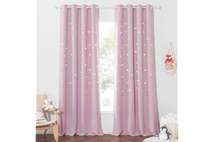 PONY DANCE Firanki do pokoju dziecięcego dziewczynki - gwiazdy nieprzejrzyste dziecięce róże termiczne zasłona z pustymi gwiazdami firanka zasłona z oczkami, zestaw 2 szt. wys. 240 x szer. 132 cm, wydrążone gwiazdy, dziecięcy róż