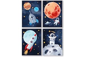 Pandawal Kinderzimmer Deko Junge und Mädchen Bilder Astronaut/Planeten Raketen 4er Poster Set Weltraum Kinder/Babyzimmer (T11) DIN A4 groß