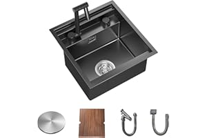 TORVA Black Workstation Undermount Sink for Bar RV Kitchen with Built-in Foldable Faucet – 16 Gauge Stainless Steel, 40.6 x 43.2 x 23 cm