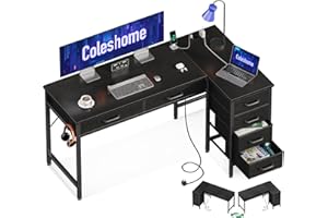 ‎COLESHOME Coleshome Eckschreibtisch mit 6 Schubladen, 126x80cm Schreibtisch L Form mit Steckdose, PC Tisch und Computertisch mit Stauraum, Umkehrbarer Bürotisch fürs Schlafzimmer, Schwarz