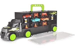 Dickie Toys 203747007 – Biltransport Förvaringsväska ink. 4 Fordon med Frihjul, Fyra Våningar, Ramp och Öppningsbara Sidopaneler - 43 cm, Från 3 år