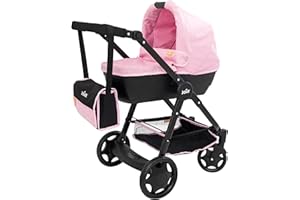 HTI Joie Junior Mytrax Dolls Pram | Single Pushchair With Detachable Carry Cot | Includes Matching Changing Bag & Under Seat Storage | Travel System In Black & Pink With Adjustable Handle Height | Ages 3+