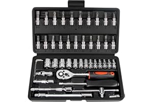 LLNEDL 46 Pieces 1/4" Drive Socket Set&Tool Sets, Ratchet Wrench Set with Bit Socket Set Metric and Extension Bar for DIY, Car Repair and Household with Storage Case（Black）