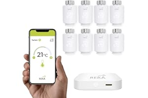 Tête Thermostatique Intelligente Connectée REKA - Contrôle Température Via Appli Tuya, Programmation, Détection Fenêtres Ouvertes - Compatible Assistants Vocaux (8, avec Passerelle)