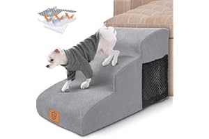 Myiosus Dog Steps for Bed, Non-Slip Dog Stairs for Small Dogs and Cats, High Density Foam Pet Ramp Ladder with Removable Washable Cover, 3 Steps for Dogs to Get on the Bed Sofa, 60x40x40cm