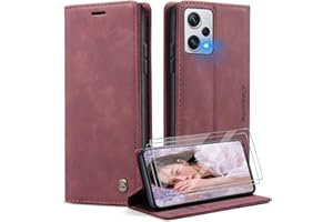 WENBABY Caseme Funda para Xiaomi Redmi Note 12 5G + 2X Protector Pantalla,Funda Movil Carcasa PU Cuero con Ranura para Tarjeta, Cierre Función de Soporte, Rojo