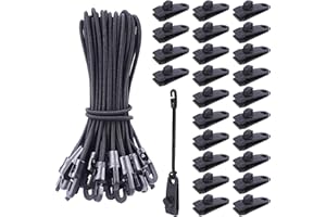 VirtuGro 25Pcs Tarp Clips 25Pcs Small Bungee Cords with Hooks 10 Inch Heavy Duty Tarpaulin Clips and Clamps Awning Tarp Clips Clamps Black Short Bungee Cords with Hooks for Tarpaulin, Camping, Garden