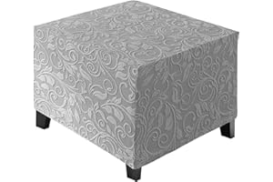 ele ELEOPTION Stretch Ottoman Covers, Square Footstool Cover, Velvet Jacquard Removable Washable Stretch Pouffe Cover Anti-Slip Dust-proof Ottoman Slipcover, Large (43-56cm), Light Gray