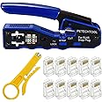 PETECHTOOL RJ45 Crimp Tool Pass Through Cat5 Cat5e Cat6 Crimping Tool Kit, 10 Pieces Cat6 Connector, Mini Wire Stripper
