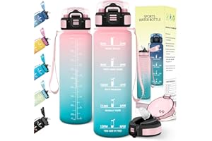 Baramumu Botella agua 1 litro, con Pajita, Botella agua Gimnasio, a Prueba de Fugas, Cantimplora, con Marcador de Tiempo, Cantimplora Gym, para Deporte, Ciclismo, Oficina, Yoga, Rosa-Verde