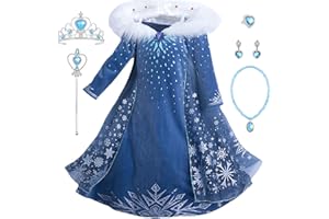 New front Carnevale Elsa Vestito Set, Costume Blu Vestito Abito da Principessa per la Festa Invernale, Bambina Costume con Colletto Cosplay Abiti Gonna Corona Bacchetta Magica Orecchino,Blu,120