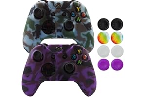 Hikfly Silicone Controller Cover Skin Protector Case Faceplates Kits for Xbox One Controller Video Games(2x Camouflage Cover with 8 x Thumb Grips Caps)(Purple,Grey