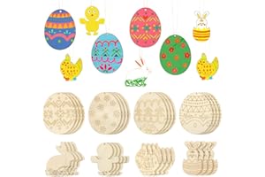 Sprinlot Ornements en Bois de Pâques, 32 Pièces Pendentifs de Pâques en Bois, Artisanat Pâques Décorations en Bois DIY, Bricolage Artisanat de Pâques, Pendentifs Tranche en Bois Pâques Décoration