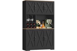 HOCSOK Alacena de Cocina，Armario con 6 Puertas, Soporte para Copas, Botellero Vino, Mueble de Cocina con Soporte para Microondas, para Comedor Y Sala De Estar, 106x37x180 cm (Negro)