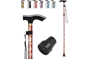 LZZAZ® Folding Walking Stick for Ladies, Adjustable Height Folding Walking Sticks, Aluminum Walking Sticks for Women & Disability Aids, (Red Flowers)