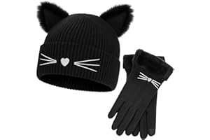 PSFXBM Womens Winter Warm Cute Cat Ears Beanie Hat and Warm Gloves Set Thermal Knit Crochet Braided Hat and Glove for Ladies Christmas Valentines Gifts,Cute Autumn and Winter Warm Hat for (Black)