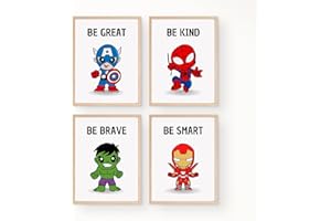 GENERIC Superhero Wall Art for Boys - Set of 4 Prints with Positive Affirmations - Be Kind, Be Brave, Be Smart, Be You - Playroom Decor and Superheroes Decoration (A4)