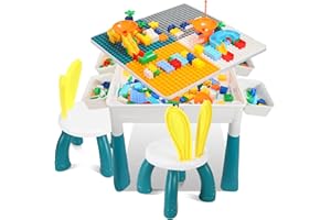 Ansobea Kindertisch mit 2 stühlen Spieltisch Kinder mit 251 Bausteine,Multifunktionaler Aktivitätstisch ab 2 Jahre mit stauraum,Kreativen Baustein Gaming Tisch Bausteine Set