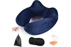 JINYJIA Cuscino da Viaggio Gonfiabile,Cuscino Aereo Cuscino da Viaggio Collo,Cuscino Viaggio con Mascherina per Dormire+Tappo per le Orecchie,Cuscino Cervicale da Viaggio per Viaggio,Aereo,Treno(Blu)