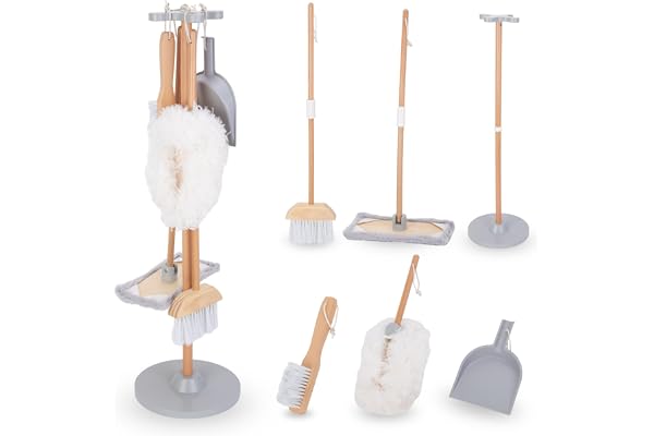 Mamabrum, kit de Nettoyage en Bois, Support de Rangement en Bois, Pelle, Balai, vadrouille avec Tampon Doux, plumeau, kit de Nettoyage pour Enfants, Balai pour Enfants