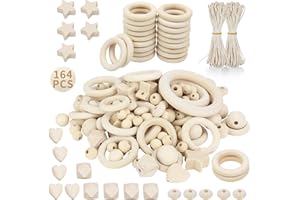 RUBY 164 Stück Holzperlen Makramee Set, DIY Holzringe zum Basteln, Holzkugeln mit Loch Kit Enthält 138 Holzperlen Natur, 24Holzringe Makramee Zubehör