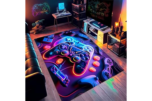 Sovrumsmatta tonåring gamer 3D matta speldekoration sovrum pojke barn vardagsrumsmatta modern halkfri stjärnhimmel neon färgglad graffiti spelkonsol flanell mjuka mattor (marinblå, 120 x 160 cm)