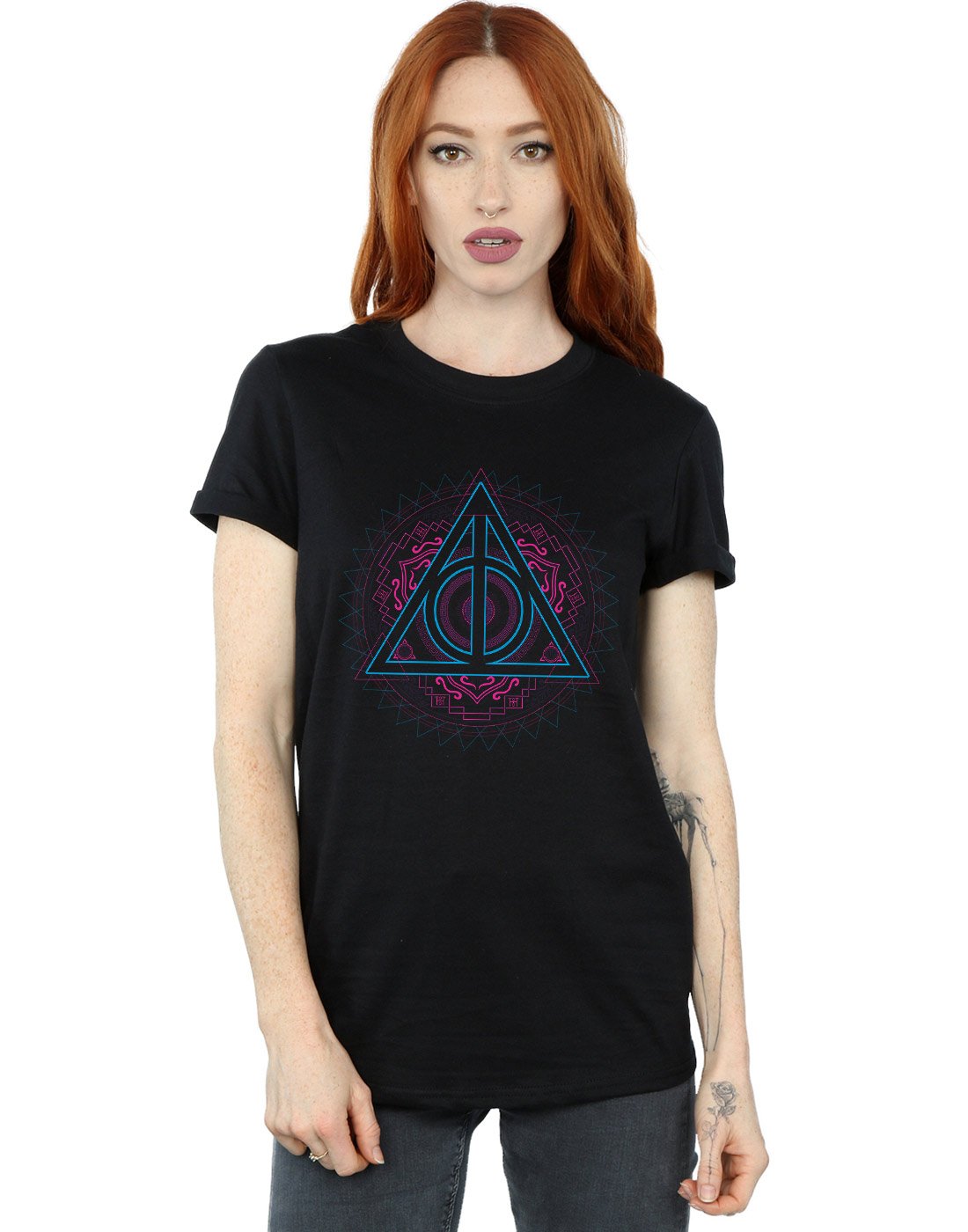 Harry-Potter-Damen-Neon-Deathly-Hallows-Boyfriend-Fit-T-Shirt-Schwarz-Medium