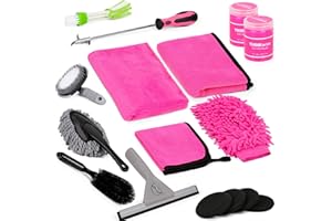 THINKWORK 17Pcs Car Cleaning Kit with Storage Box, Pink Car Washing Gift for Women - Cleaning Gel, Microfibre Cloth, Wheel Brush, Mitt, Duster, Squeegee - for Car Interior and Exterior Cleaning